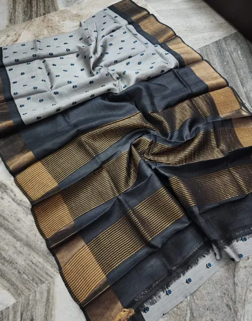 Tussar Silk Saree Traditional Block Digital Print Tiny Border Designer Pallu With Blouse Piece